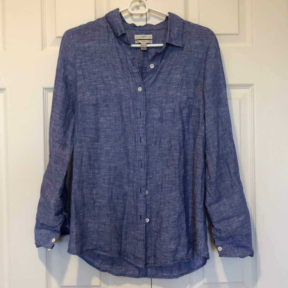 J. Crew Blue Linen Perfect button up, Size 2